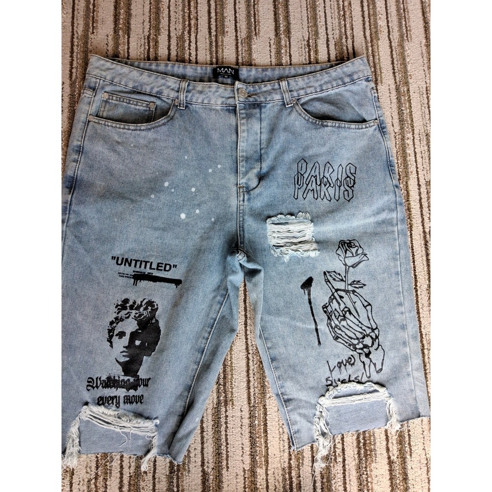 BoohooMAN Mens Distressed Graphic Denim Shorts Blue Size 40 Streetwear